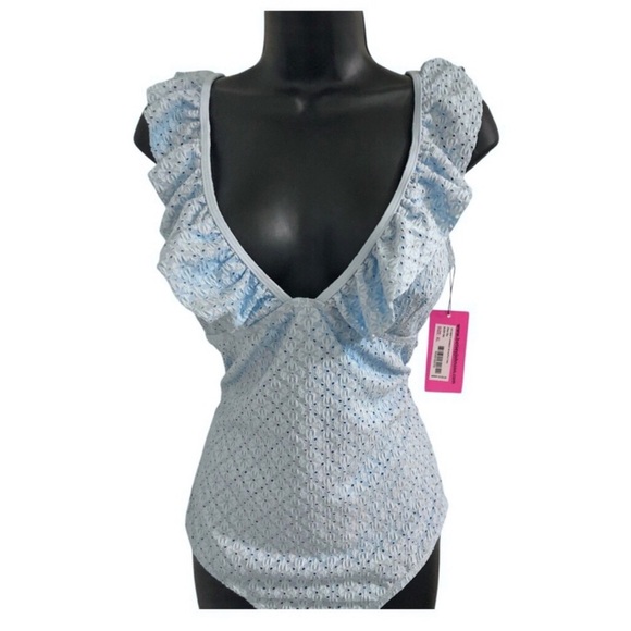 Betsey Johnson Clear sky blue 1piece Ruffle strap eyelet Swimsuit‎ size medium - Picture 8 of 16